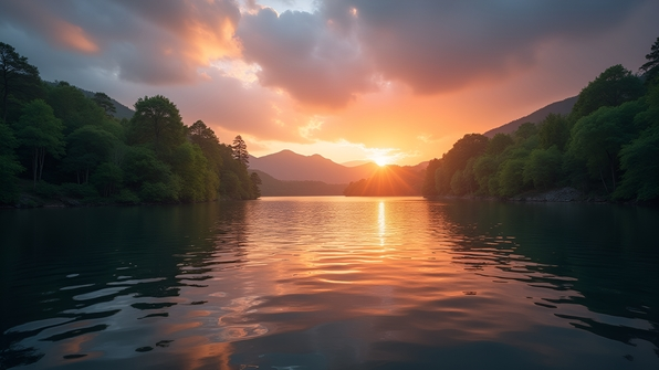 Serene lake at sunrise with gentle ripples reflecting colorful skies and surrounded by lush green trees