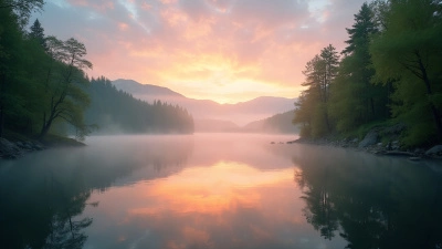 Serene Lake Sunrise With Mist And Mountains