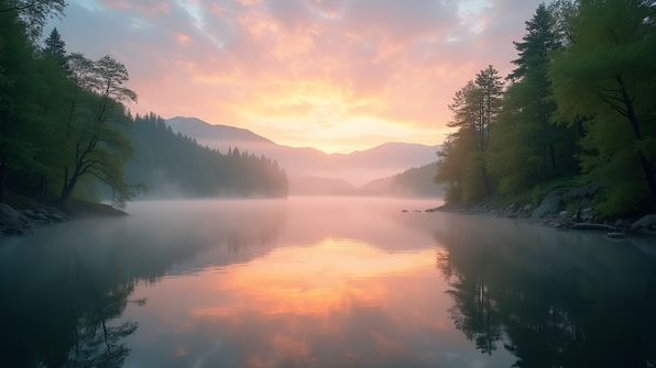 A serene lake at sunrise with mist hovering over calm water surrounded by green trees and distant mountains