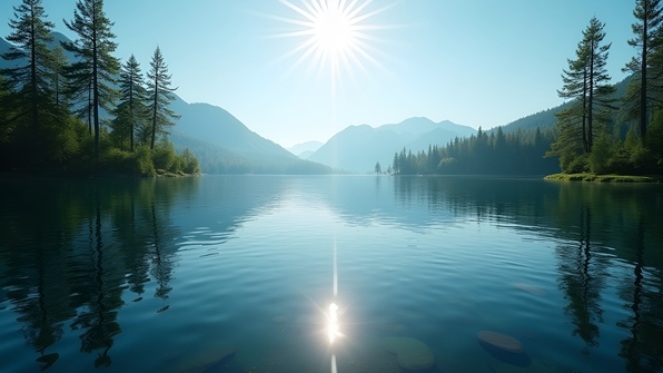 Serene lake surface reflecting tall green trees under a clear blue sky