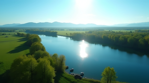 A serene lake bordered by a lush green field dotted with tall, leafy trees under a clear blue sky