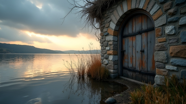 Serene Lakeside Scene with Weathered Wooden Door