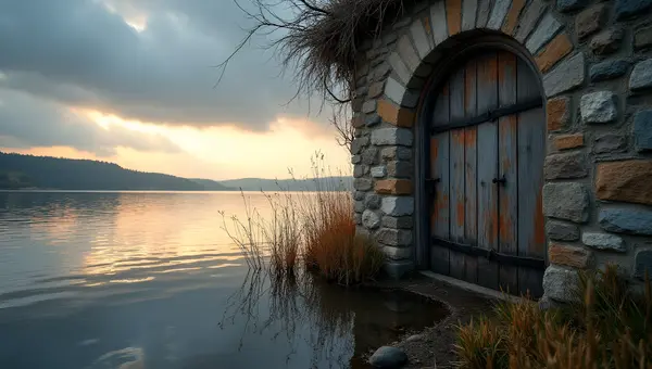 Serene Lakeside Scene with Weathered Wooden Door