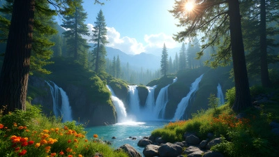 Serene Landscape With Cascading Waterfalls And Lush Trees