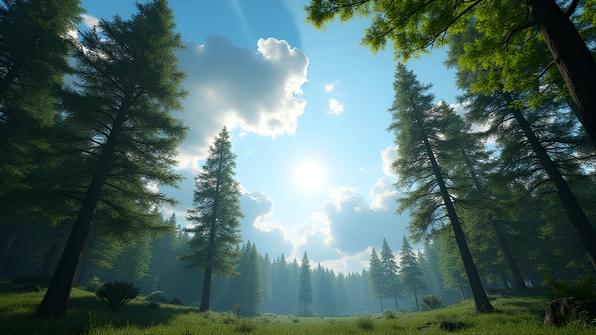A serene landscape with tall leafy trees under a bright blue sky and scattered fluffy white clouds on a sunny day