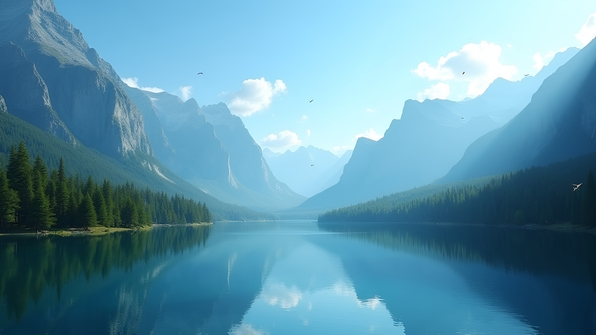 Serene mountain landscape with lush trees mirrored perfectly on a calm crystal-clear lake