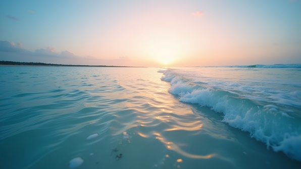 Serene ocean sunrise with gentle waves and clear blue water under a tranquil pastel sky