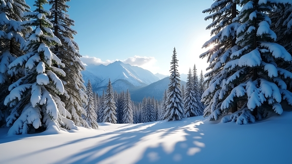 A serene pine forest covered in pristine white snow under a clear blue winter sky