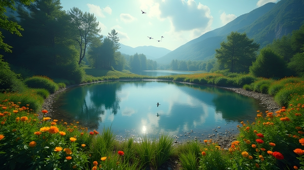 A tranquil bird's eye view of a serene pond surrounded by lush greenery and vibrant wildflowers under a clear blue sky