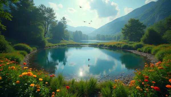 Serene Pond Surrounded by Lush Greenery