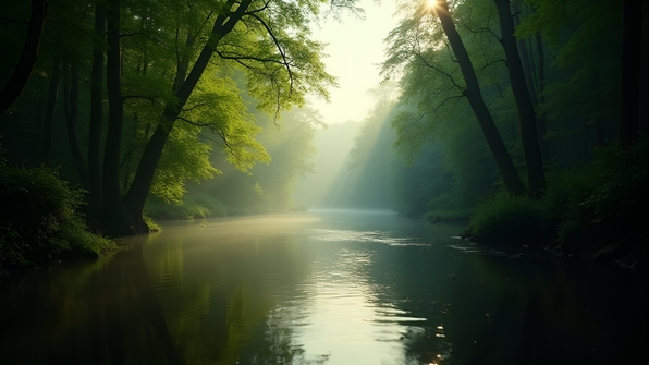 Serene river flowing through green forest with sunlight reflecting on calm water