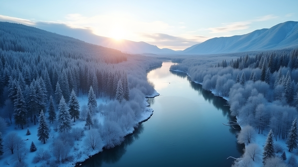 A serene river winding through a pristine snow-covered forest under a clear blue winter sky