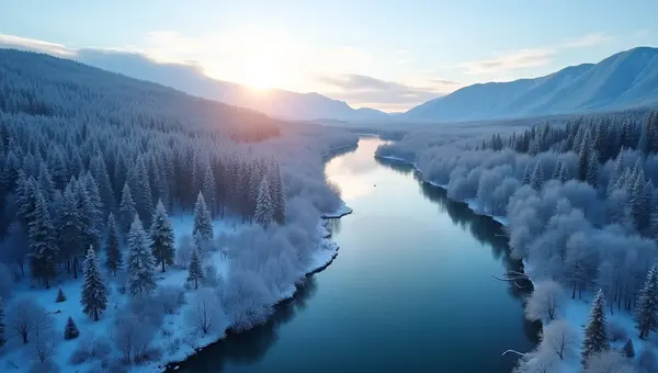 Serene River Flowing Through Snow-Covered Forest