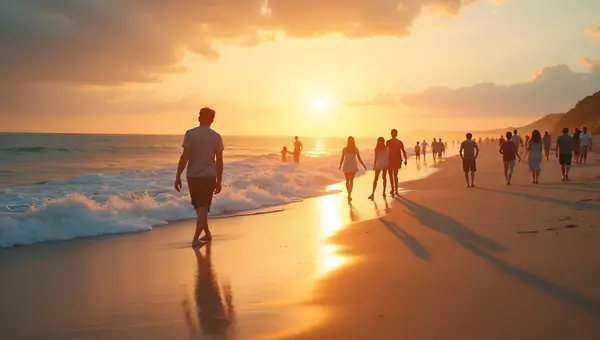Serene Seashore Group Enjoying Golden Hour