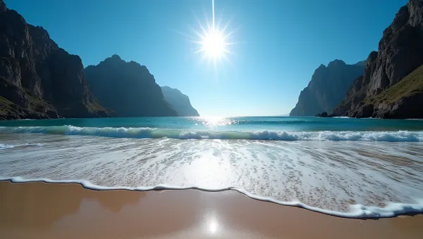 Serene Seashore With Towering Rugged Mountains