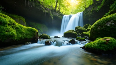 Serene Waterfall Over Moss-Covered Rocks
