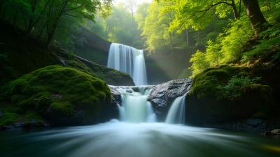 Serene Waterfall Over Mossy Rocks in Green Forest