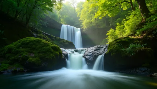 Serene Waterfall Over Mossy Rocks in Green Forest