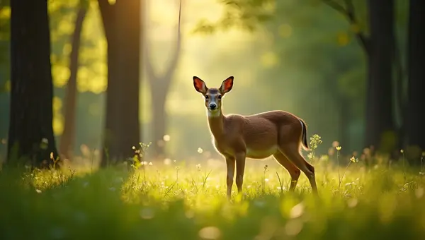 Serene Wild Doe in Sunlit Forest Clearing