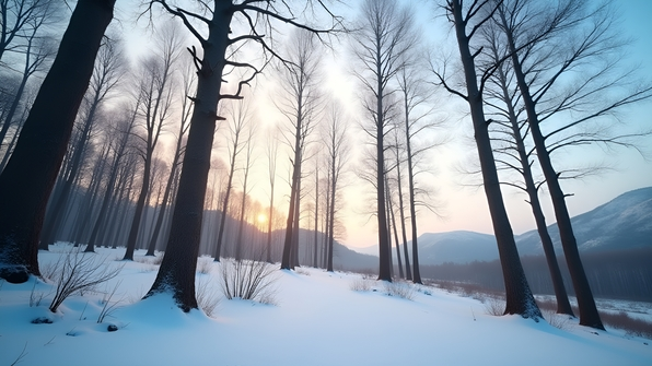 A serene winter landscape with tall leafless trees and soft snow covering distant hills under a pale sky
