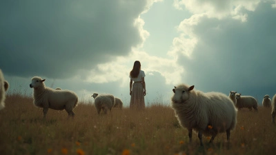 Serene Woman Among Fluffy Sheep In Rural Landscape