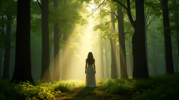 A serene woman stands alone amid tall green trees in a peaceful forest bathed in soft natural sunlight