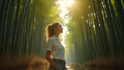 Serene Woman Beside Tall Bamboo Trees Outdoors
