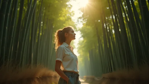 Serene Woman Beside Tall Bamboo Trees Outdoors