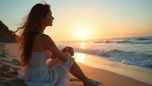 Serene Woman On Sandy Seashore At Sunset