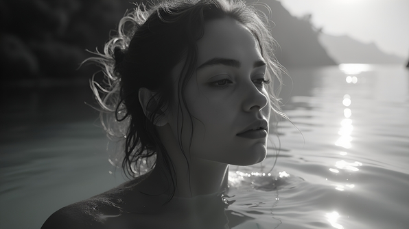 Serene woman partially submerged in calm water with reflective ripples