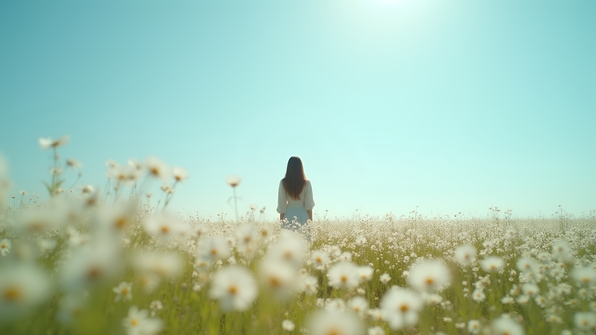 Serene woman in light clothing standing gracefully in a vast field of white flowers under a clear blue sky