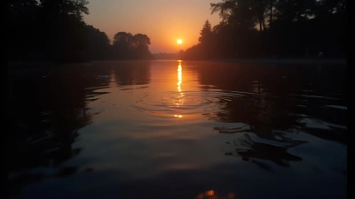 Shadowy Silhouette Reflected On Calm Water At Sunset