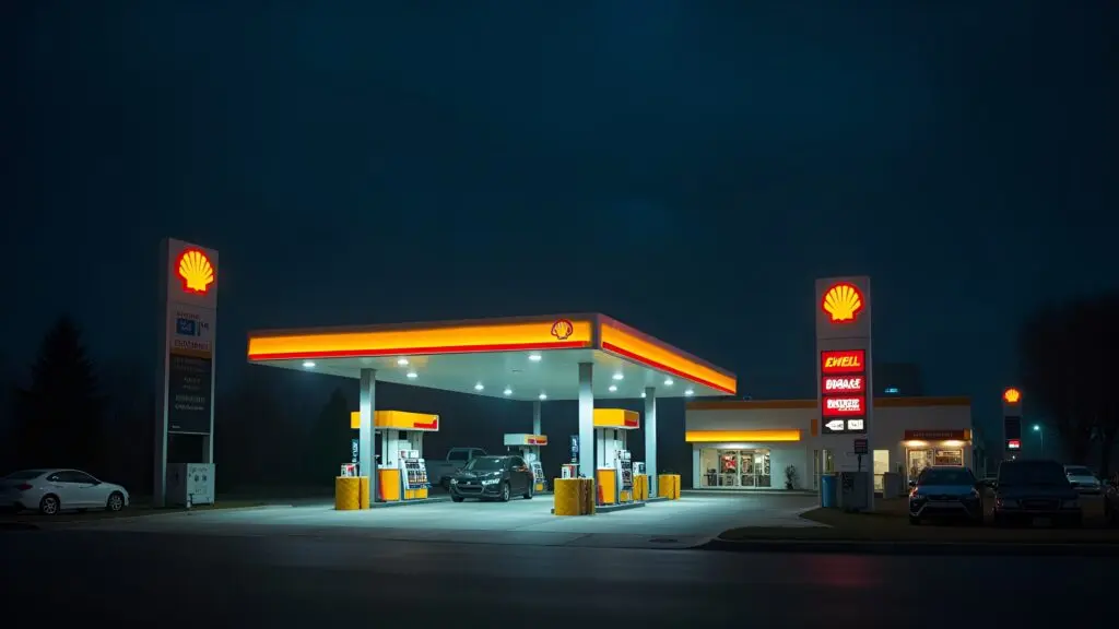 Shell Gas Station At Night With Bright Lights