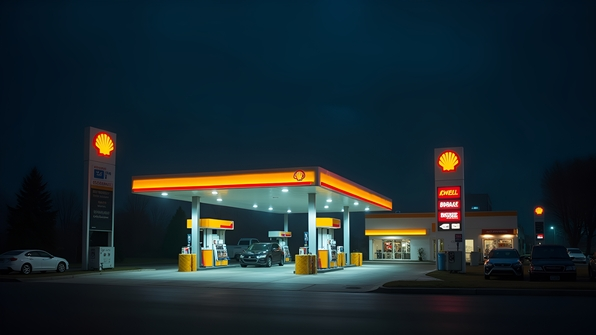 Low-angle nighttime shot of a brightly lit Shell gas station with glowing signs and illuminated pumps