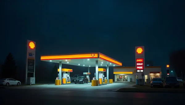 Shell Gas Station At Night With Bright Lights