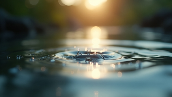 Close-up of shimmering water droplets delicately resting on a calm reflective water surface under soft natural light