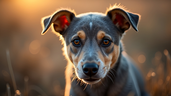 Close-up of a short-coated gray and tan dog with sharp selective focus and a softly blurred natural background