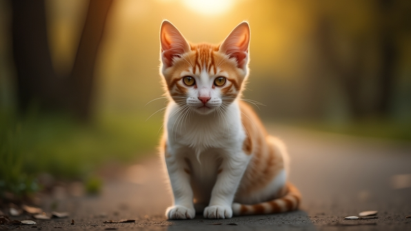 Close-up of a short-coated orange and white cat with bright eyes sitting gracefully against a soft, blurred natural background