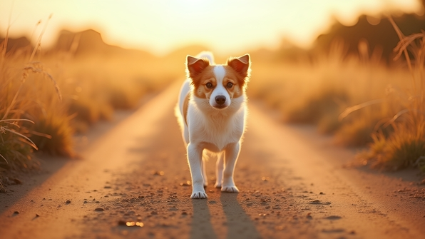 Short-coated white and brown dog standing on a sunlit brown dirt road with dry grass under a clear daytime sky