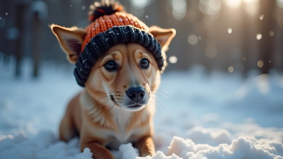 Short-Haired Dog Wearing Knit Hat in Snow