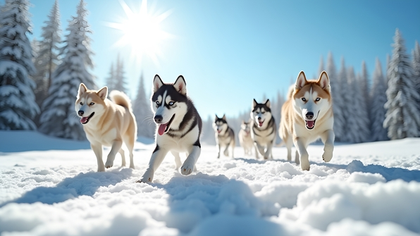 A pack of Siberian Huskies running playfully across a sunlit snowfield under a clear blue sky