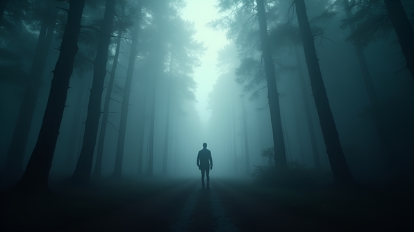 Silhouette of a lone person standing amidst dense fog in a mysterious forest with tall trees and muted light