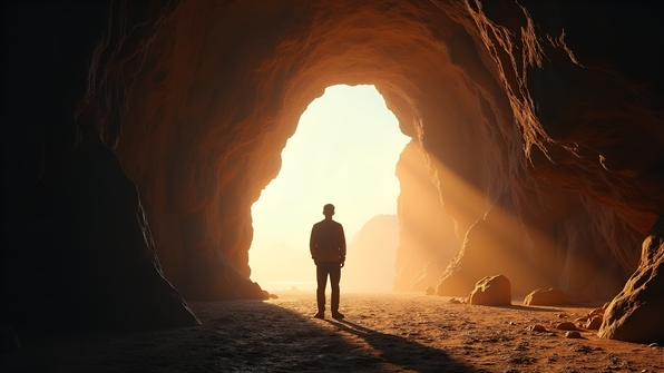 Silhouette of lone man standing inside sunlit cave entrance with rocky walls framing bright daylight outside