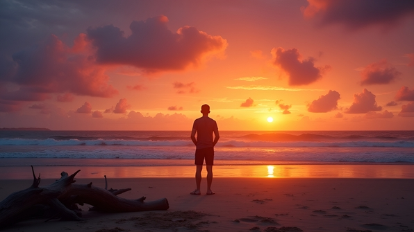 Silhouette of lone person standing on sandy beach at sunset with vibrant orange and purple sky reflecting on calm ocean waves