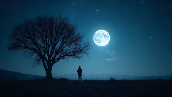 Silhouette of lone person standing beside a leafless tree under a starry night sky with a full moon