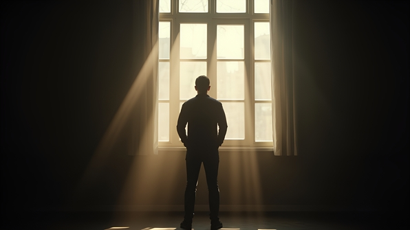 Silhouette of lone person gazing thoughtfully through a large window with soft natural light