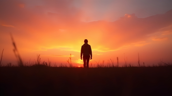 Silhouette of lone person walking through vast grassy field at sunset with vibrant orange and pink sky hues