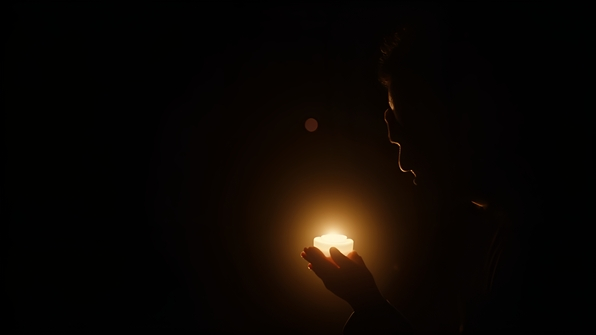 Silhouette person holding glowing light source illuminating faint outlines with a warm soft glow