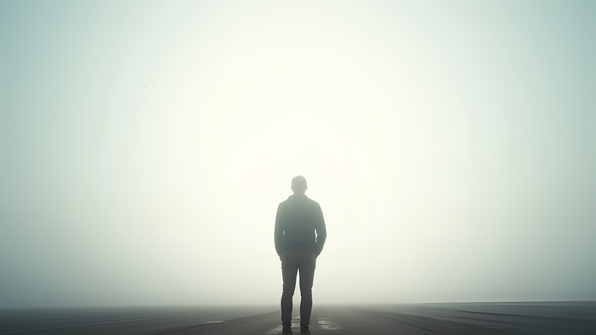 Silhouette of solitary man standing beneath a bright overcast white sky in daylight