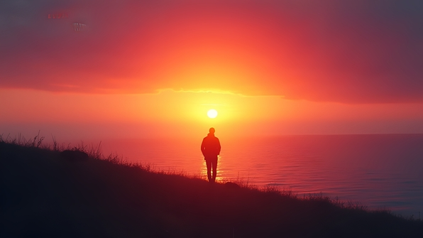 Silhouette of solitary person standing on hill watching vibrant orange and pink sunset over calm ocean horizon